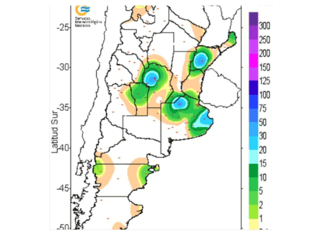 Significant rainfall, Feb. 8, into Friday, Feb. 9, was widely scattered instead of widespread in central Argentina. (Servicio de Meteorologica graphic)